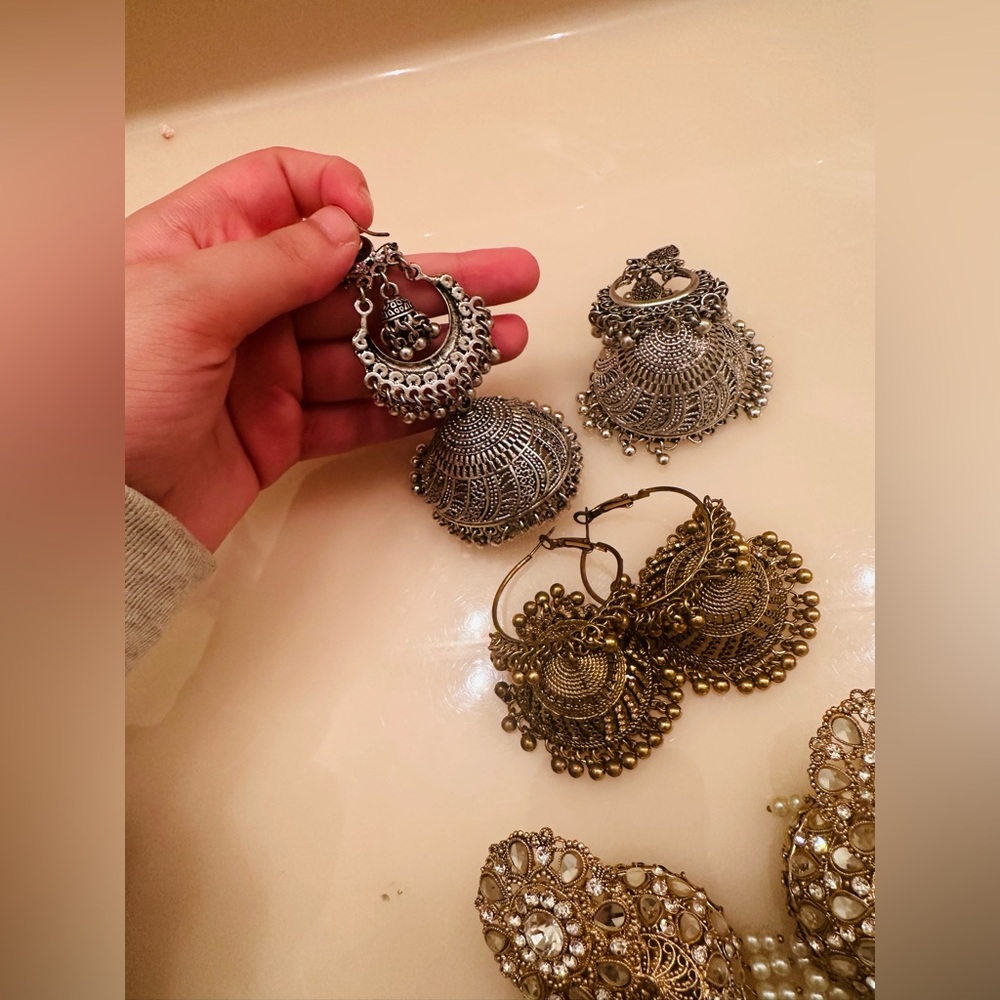 Jhumka Trio Bundle:Oxidized Silver, Antique Gold,Kundan Pearl Statement Earrings - Picture 3 of 5